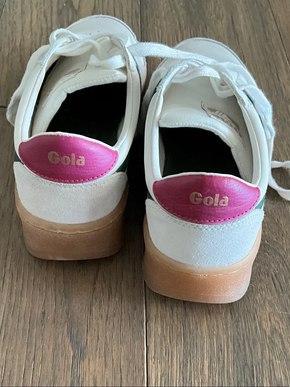 Gola White Leather Sneakers with Green Side Stripes and Pink Heel